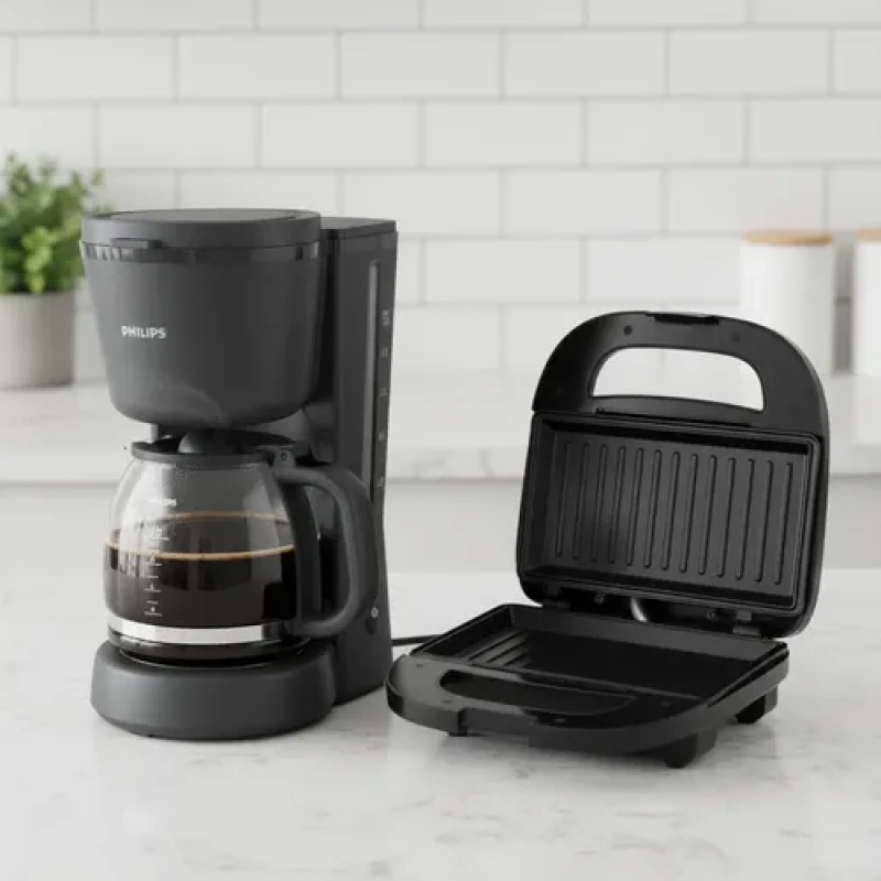 Kit Philips: Cafetera De Goteo Negra 1.2l + Sandwichera Grill Negra 750w 2 Sándwiches